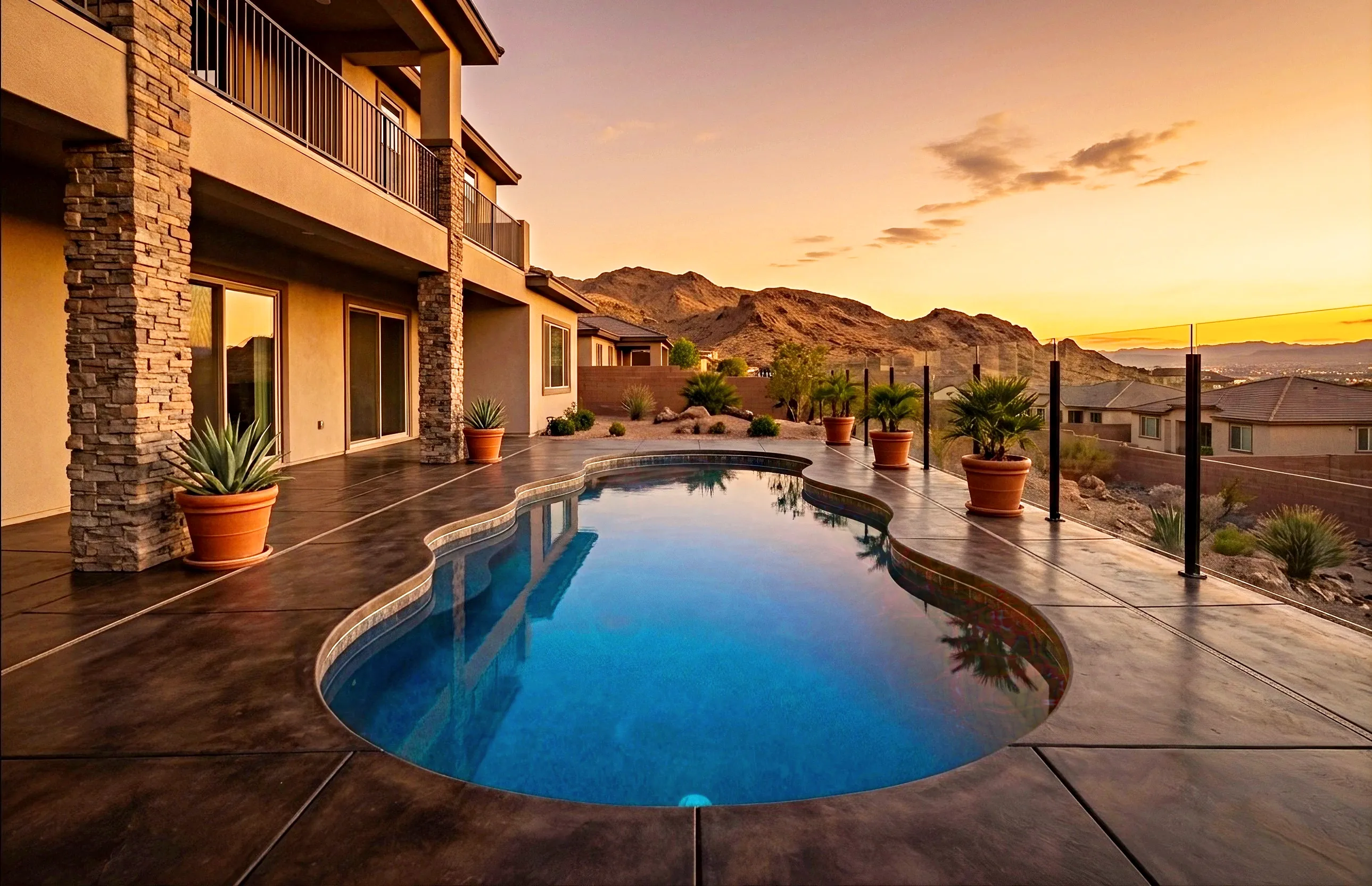 Renaissance fiberglass pool glowing at night in a Las Vegas backyard