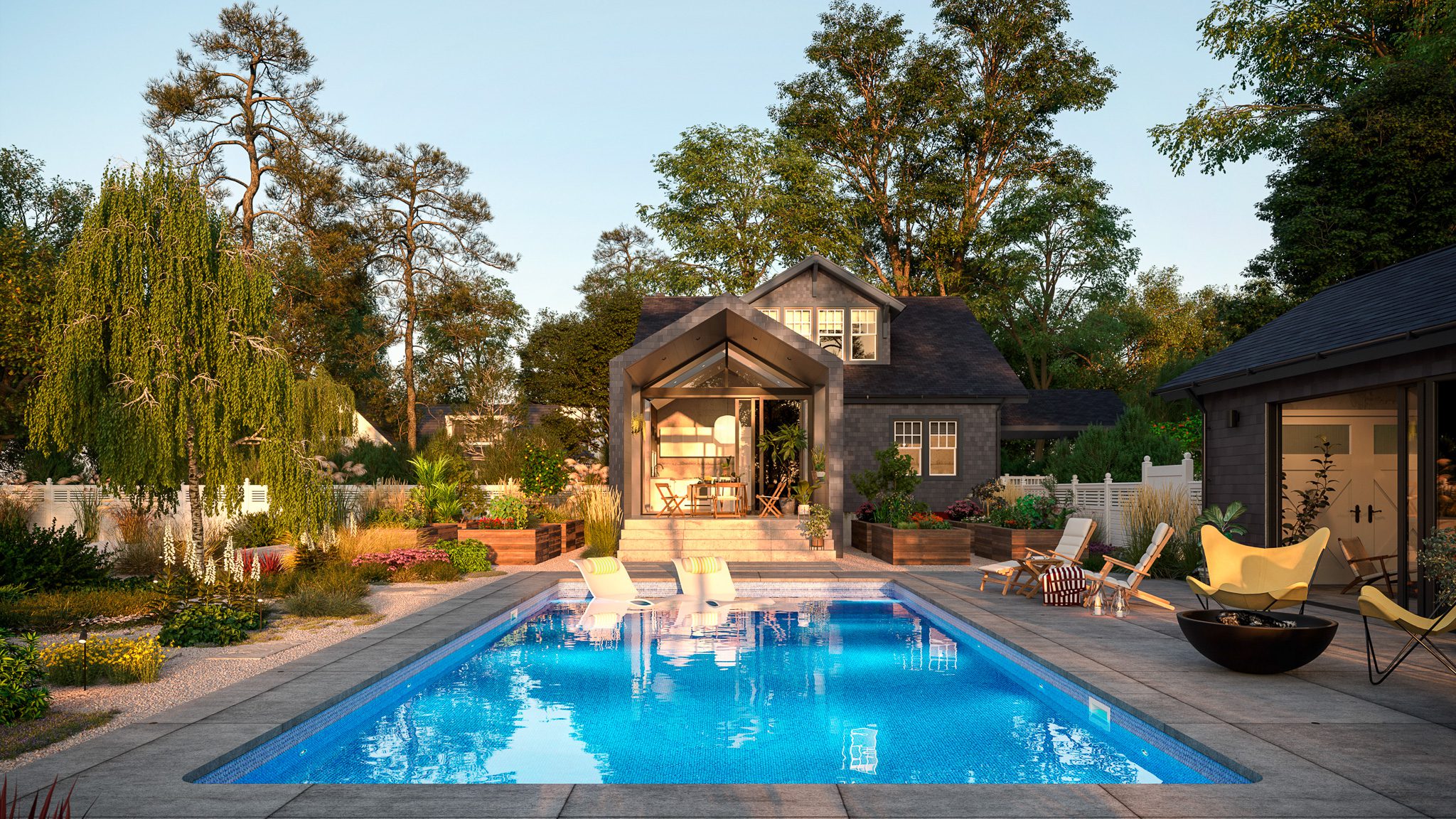 Fiberglass pool project with a raised spa beside the house